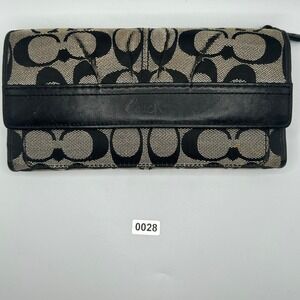 Coach Signature C Monogram Trifold Wallet Black Leather Tan‎ Canvas